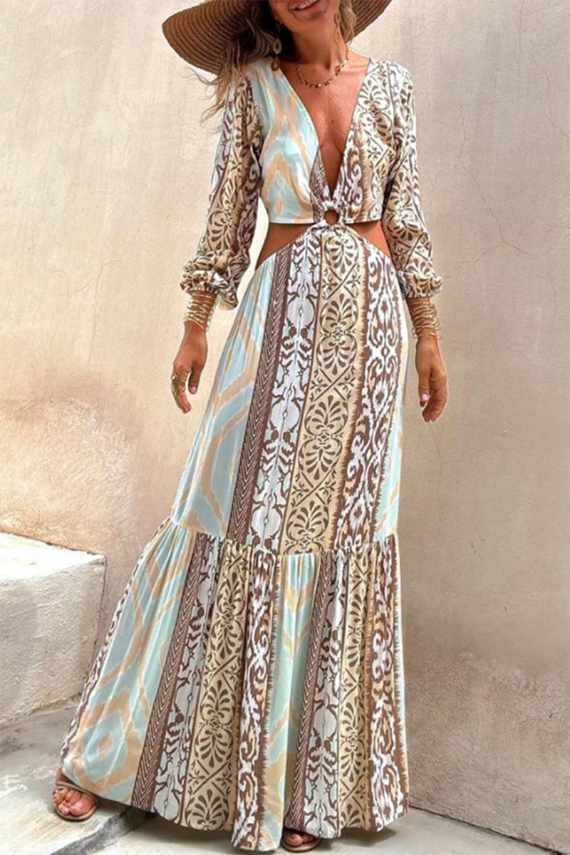 Vestidos sexis de vacaciones con estampado geométrico, calados, con cordones, espalda descubierta, escote en V, corte A