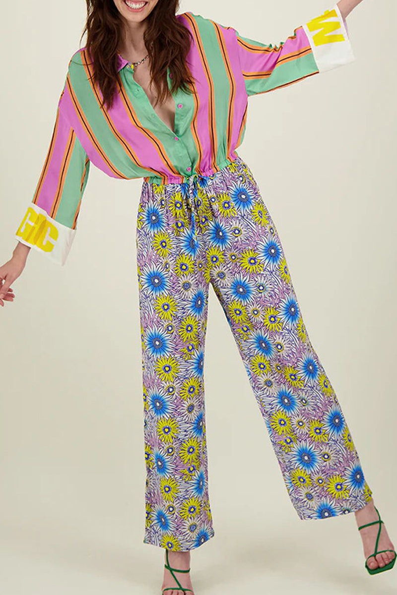 Mono informal de calle con estampado de rayas, flores, bolsillos, cordones, botones, cuello vuelto, holgado