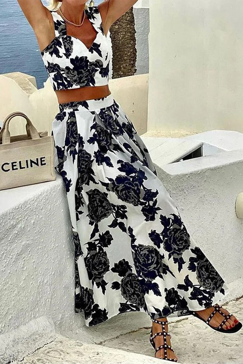 Conjunto informal de dos piezas con cuello en V, sin mangas y estampado de flores para vacaciones