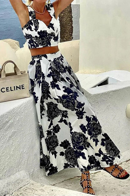 Conjunto informal de dos piezas con cuello en V, sin mangas y estampado de flores para vacaciones