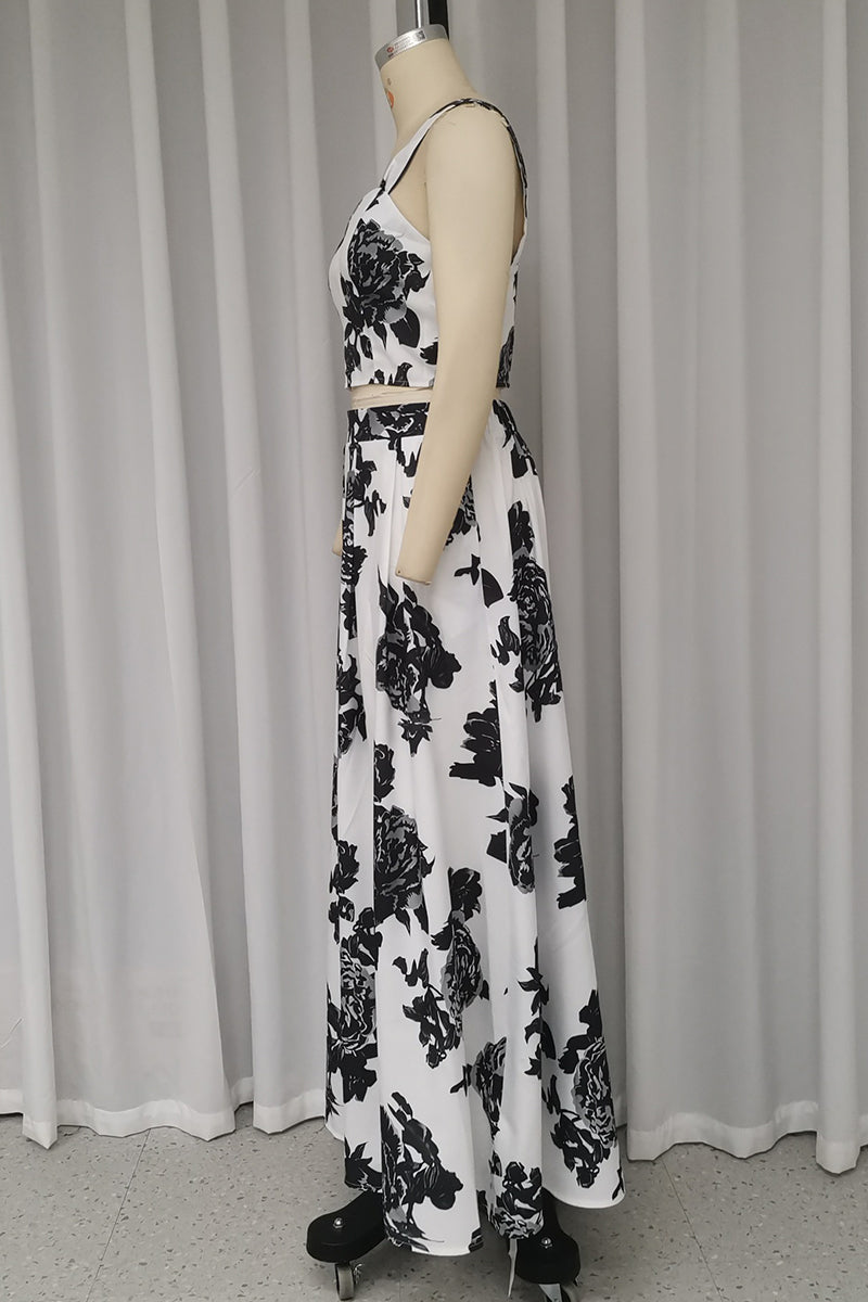 Conjunto informal de dos piezas con cuello en V, sin mangas y estampado de flores para vacaciones