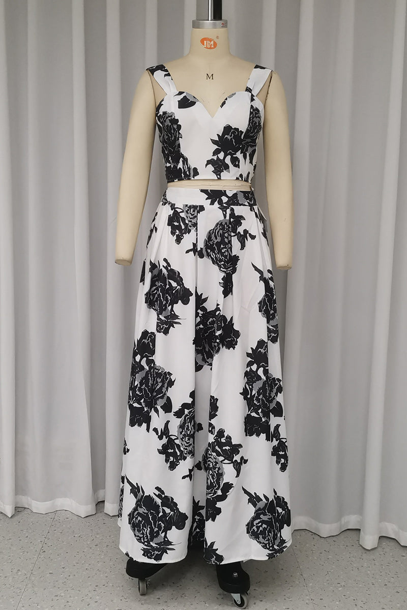 Conjunto informal de dos piezas con cuello en V, sin mangas y estampado de flores para vacaciones