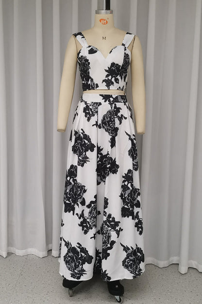 Conjunto informal de dos piezas con cuello en V, sin mangas y estampado de flores para vacaciones