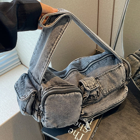 Bolsos casuales de color sólido con bolsillos y cremallera de patchwork
