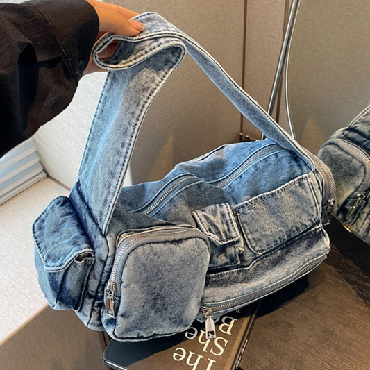 Bolsos casuales de color sólido con bolsillos y cremallera de patchwork