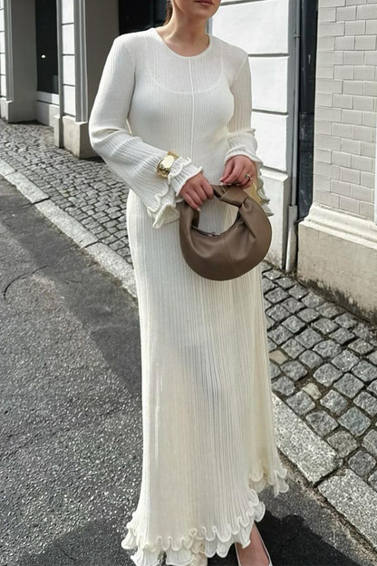 Elegante vestido de falda de un solo paso con cuello redondo, espalda descubierta y cordones en color sólido