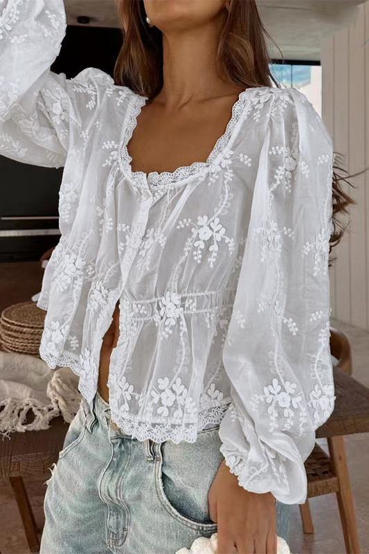 Blusas sexys de diario con cuello en U, transparentes y con botones bordados