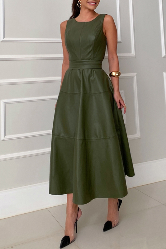 Vestidos casuales de color sólido con cordones y patchwork, cuello redondo y sin mangas