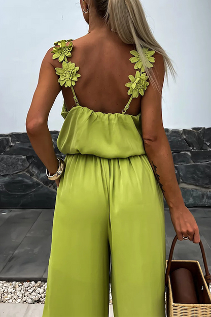 Mono holgado informal de diario con cuello en V y bolsillo en forma de flor (3 colores)
