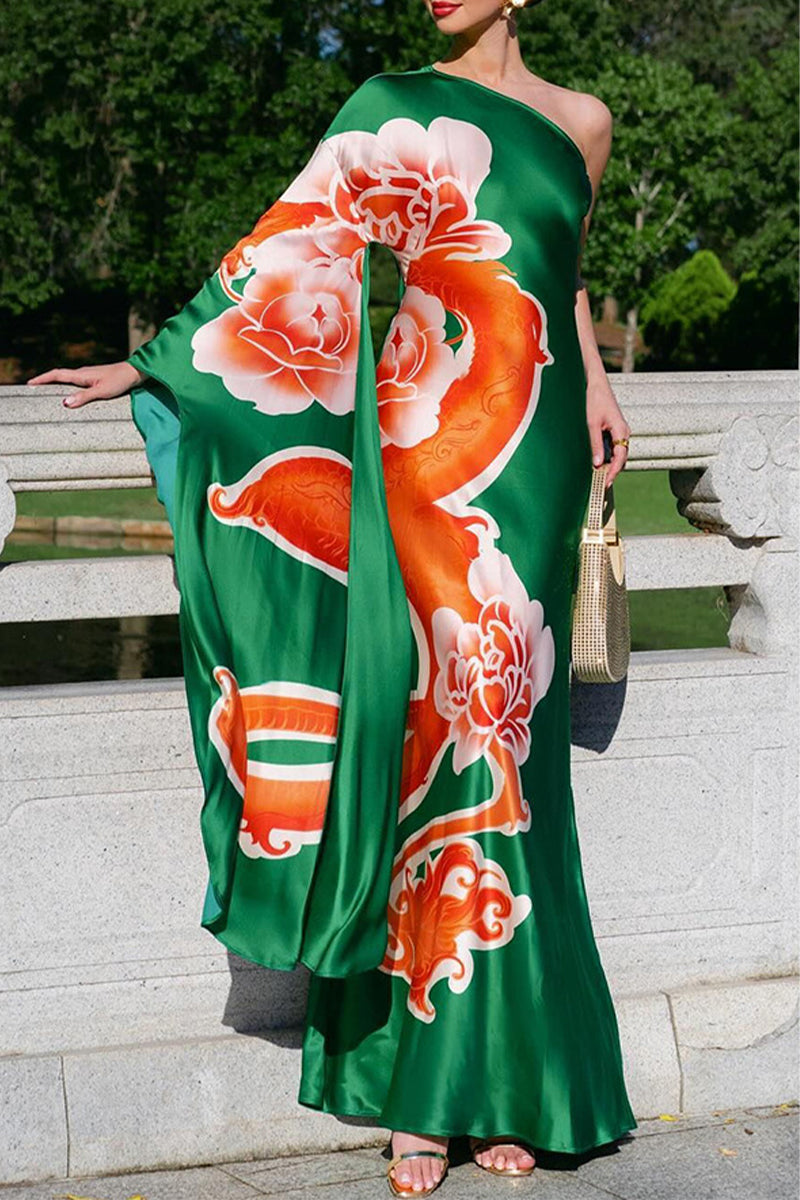 Vestidos elegantes con estampado de flores y hombros caídos en contraste irregular