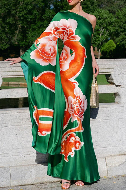 Vestidos elegantes con estampado de flores y hombros caídos en contraste irregular
