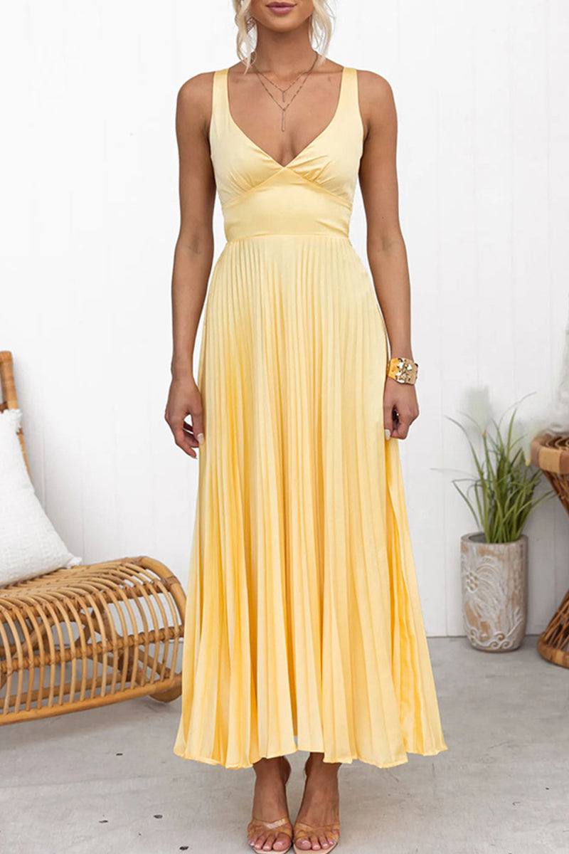 Sexy Pleated V Neck Sleeveless Dresses