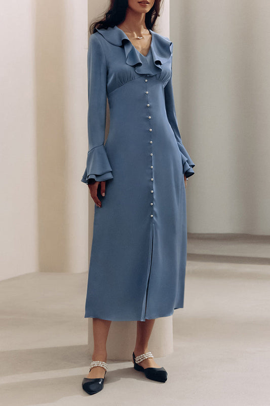 Vestidos elegantes de celebridades con botones de color sólido, volantes, cuello en V, línea A