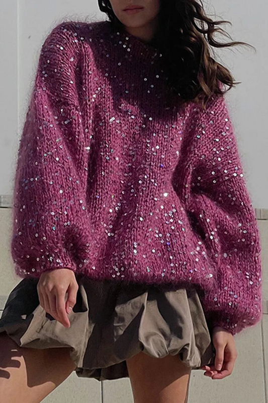 Suéteres casuales de cuello redondo con lentejuelas de color sólido