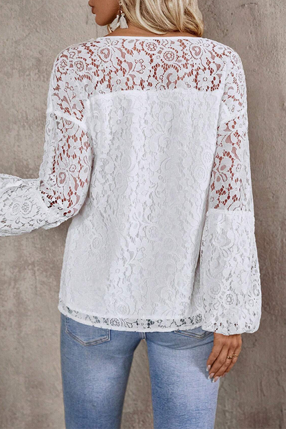 Blusa informal de color liso con encaje y flecos, cuello en V calado (4 colores)