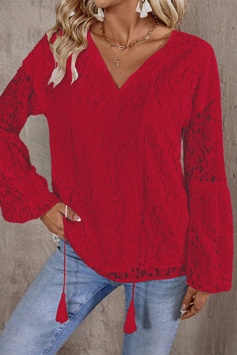 Blusa informal de color liso con encaje y flecos, cuello en V calado (4 colores)