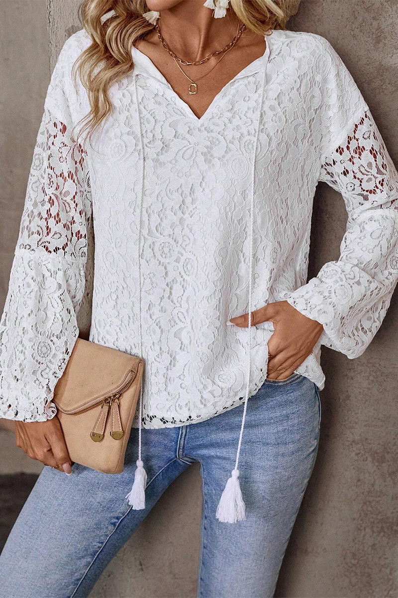 Blusa informal de color liso con encaje y flecos, cuello en V calado (4 colores)