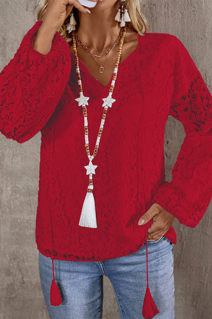 Blusa informal de color liso con encaje y flecos, cuello en V calado (4 colores)
