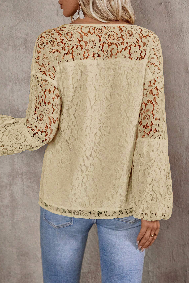 Blusa informal de color liso con encaje y flecos, cuello en V calado (4 colores)