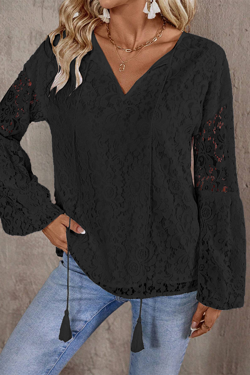 Blusa informal de color liso con encaje y flecos, cuello en V calado (4 colores)