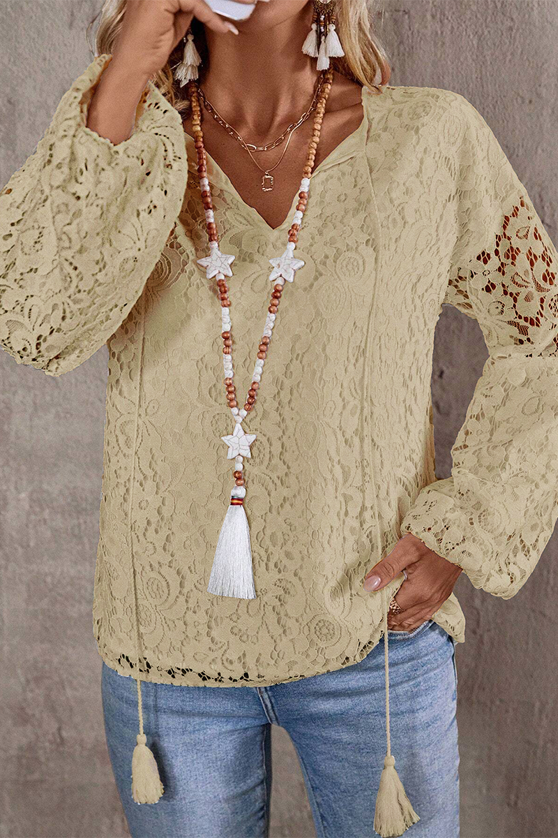 Blusa informal de color liso con encaje y flecos, cuello en V calado (4 colores)