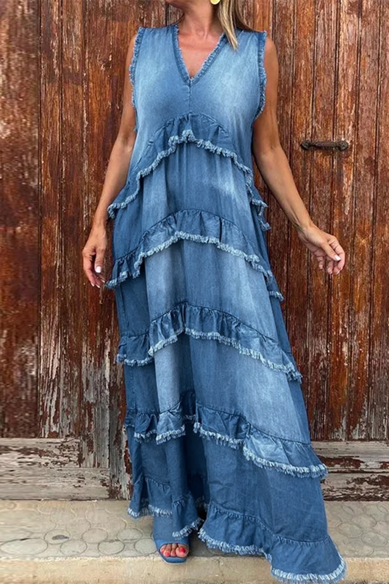 Vestidos vaqueros holgados informales con cuello en V, sin mangas y desgastados (3 colores)