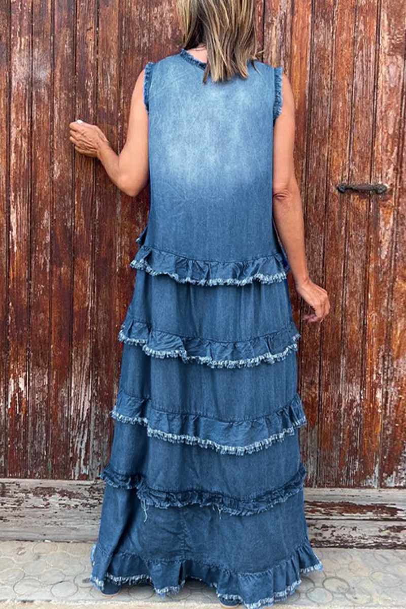 Vestidos vaqueros holgados informales con cuello en V, sin mangas y desgastados (3 colores)