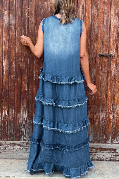 Vestidos vaqueros holgados informales con cuello en V, sin mangas y desgastados (3 colores)
