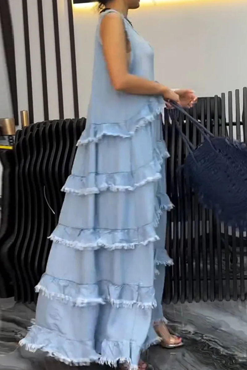 Vestidos vaqueros holgados informales con cuello en V, sin mangas y desgastados (3 colores)