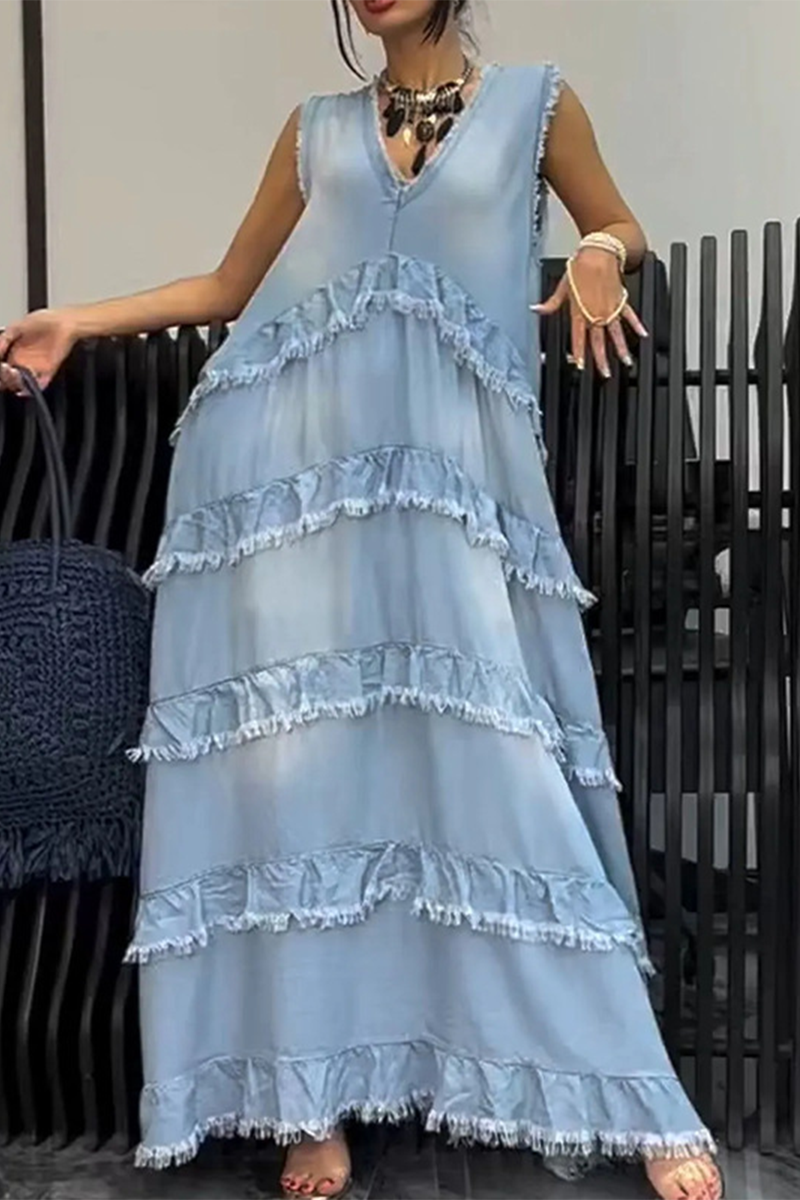Vestidos vaqueros holgados informales con cuello en V, sin mangas y desgastados (3 colores)