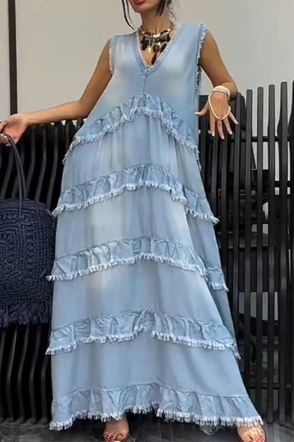 Vestidos vaqueros holgados informales con cuello en V, sin mangas y desgastados (3 colores)