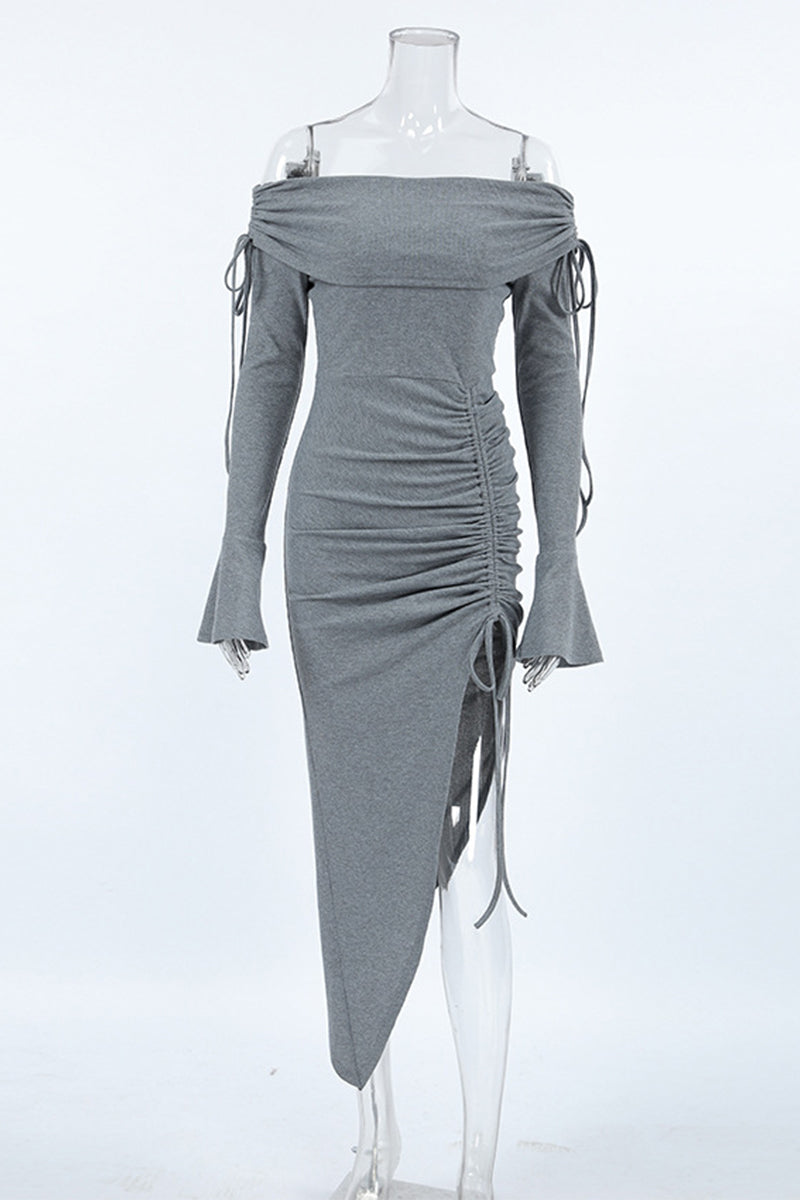 Vestidos sexis de color sólido con falda cruzada y hombros descubiertos con cordón ajustable