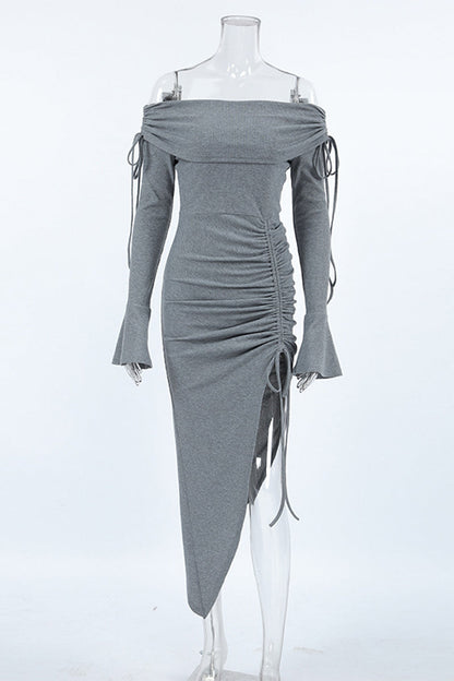 Vestidos sexis de color sólido con falda cruzada y hombros descubiertos con cordón ajustable