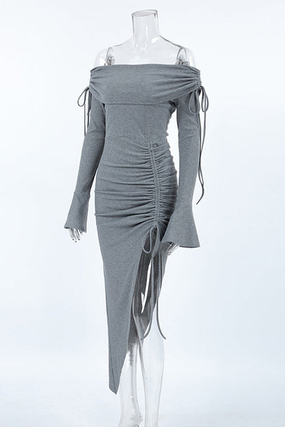 Vestidos sexis de color sólido con falda cruzada y hombros descubiertos con cordón ajustable