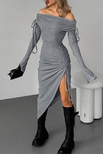 Vestidos sexis de color sólido con falda cruzada y hombros descubiertos con cordón ajustable