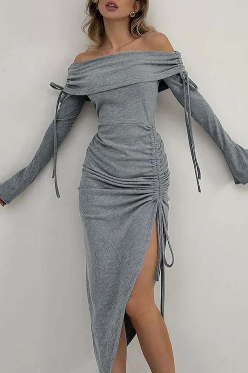 Vestidos sexis de color sólido con falda cruzada y hombros descubiertos con cordón ajustable