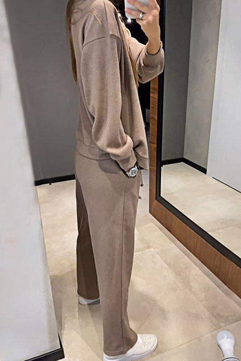Conjunto informal de dos piezas con cuello en V, manga larga, bolsillos, botones y cordones, color liso, para uso diario (5 colores)