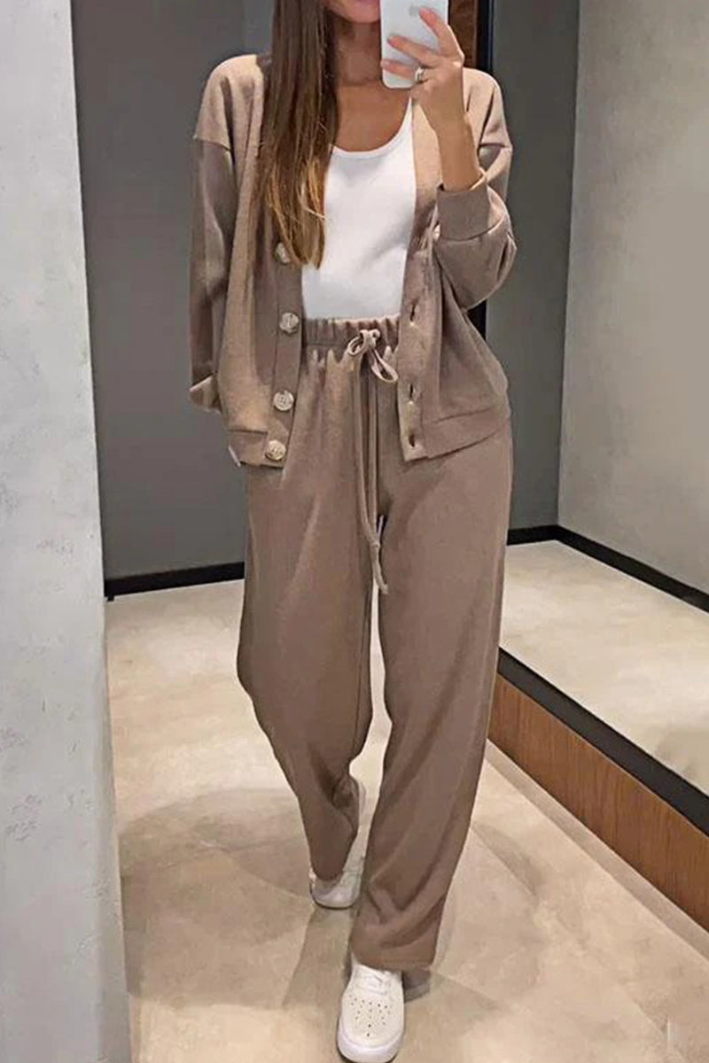 Conjunto informal de dos piezas con cuello en V, manga larga, bolsillos, botones y cordones, color liso, para uso diario (5 colores)