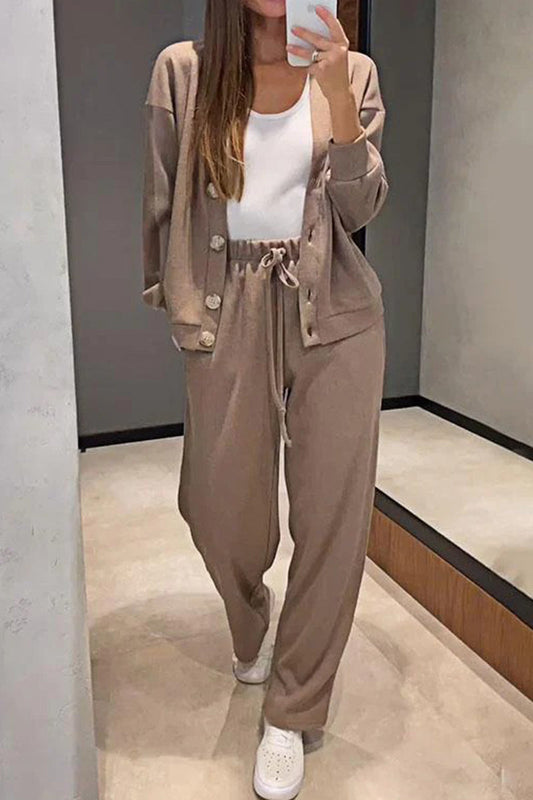 Conjunto informal de dos piezas con cuello en V, manga larga, bolsillos, botones y cordones, color liso, para uso diario (5 colores)