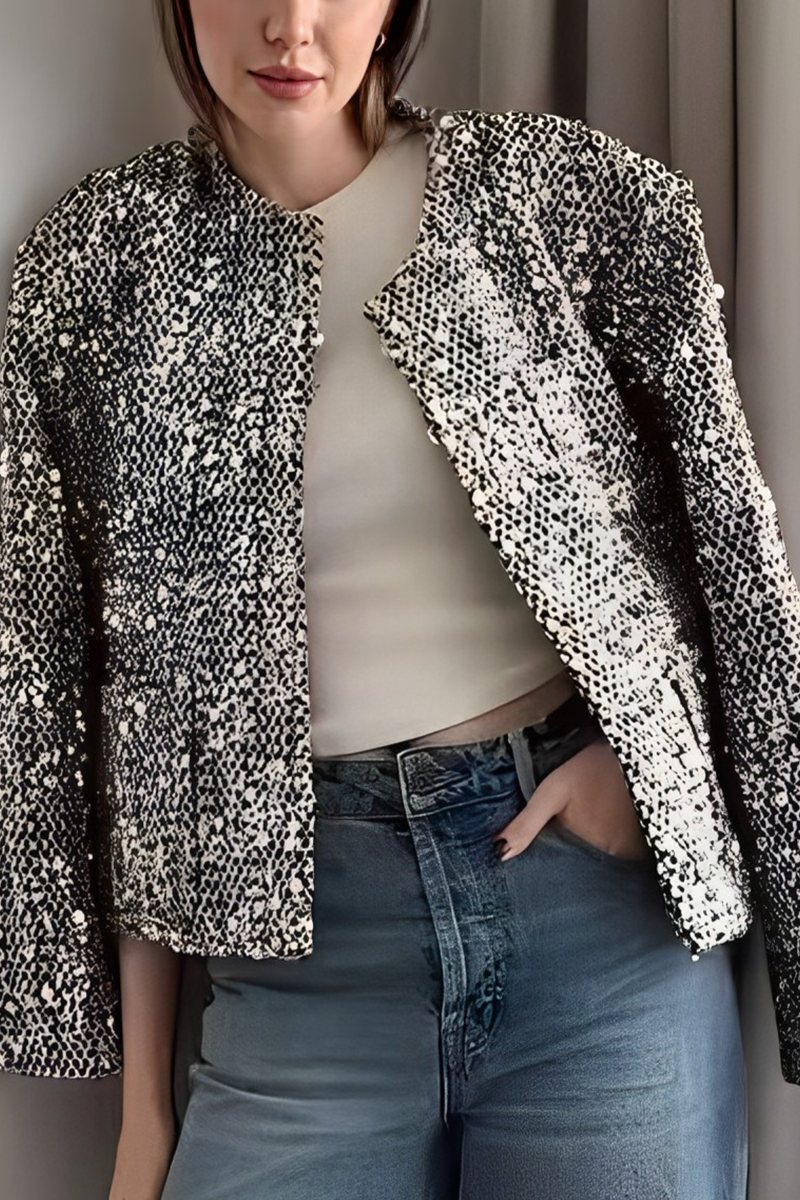 Prendas de abrigo informales de cuello redondo con lentejuelas y patchwork de color sólido