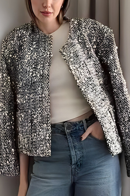 Prendas de abrigo informales de cuello redondo con lentejuelas y patchwork de color sólido
