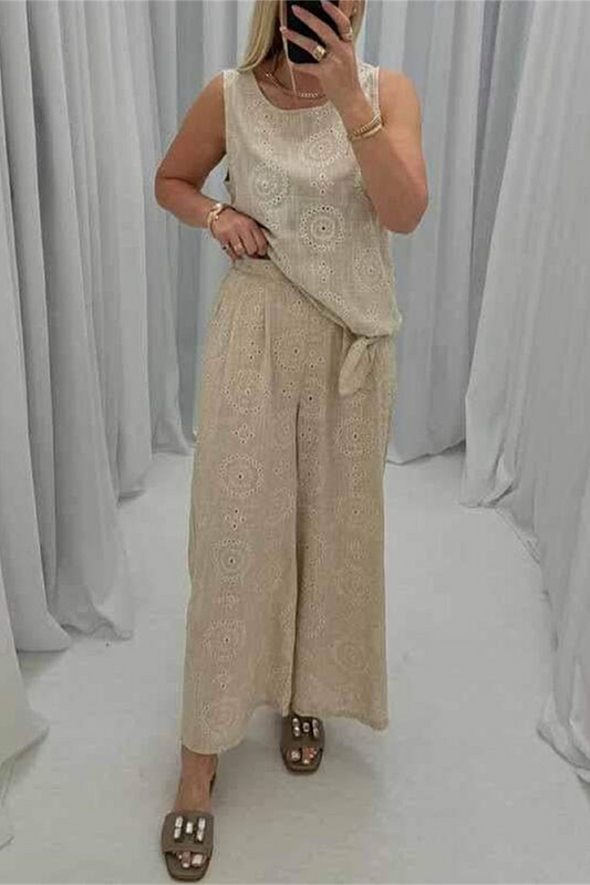 Conjunto informal de dos piezas, sin mangas, cuello redondo, color sólido, con bolsillos calados y estampado de flores