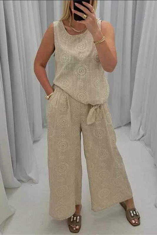 Conjunto informal de dos piezas, sin mangas, cuello redondo, color sólido, con bolsillos calados y estampado de flores