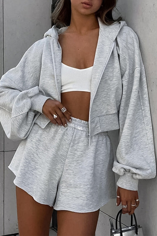 Ropa deportiva informal de color sólido con cremallera y capucha de manga larga de dos piezas