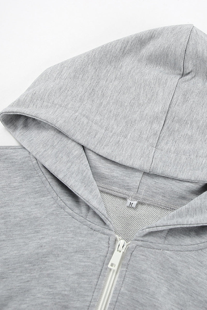 Ropa deportiva informal de color sólido con cremallera y capucha de manga larga de dos piezas