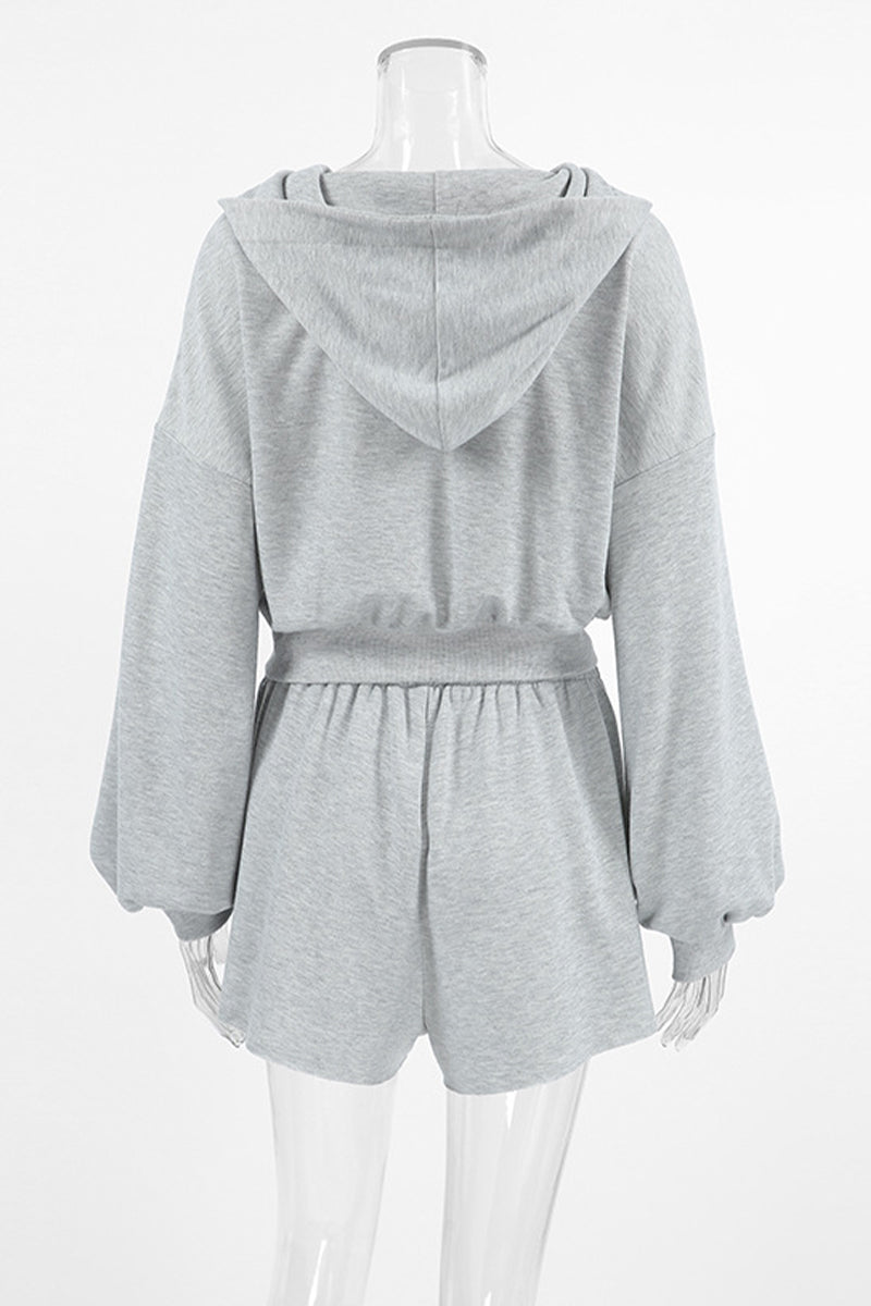 Ropa deportiva informal de color sólido con cremallera y capucha de manga larga de dos piezas
