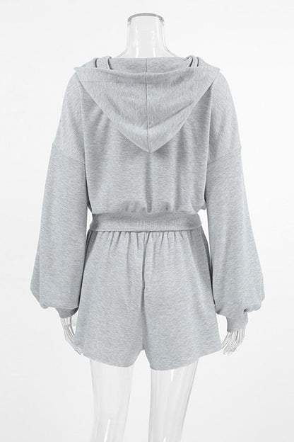 Ropa deportiva informal de color sólido con cremallera y capucha de manga larga de dos piezas