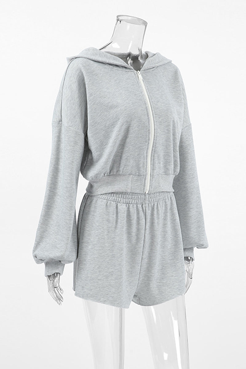Ropa deportiva informal de color sólido con cremallera y capucha de manga larga de dos piezas