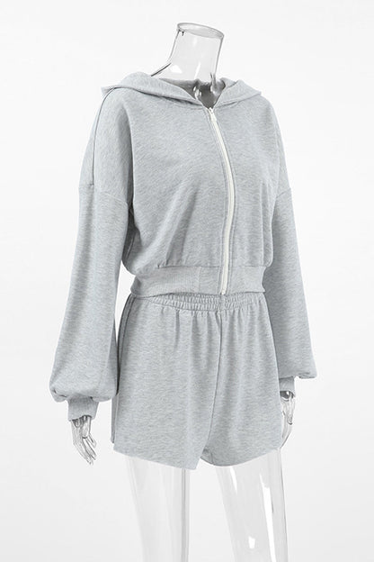 Ropa deportiva informal de color sólido con cremallera y capucha de manga larga de dos piezas