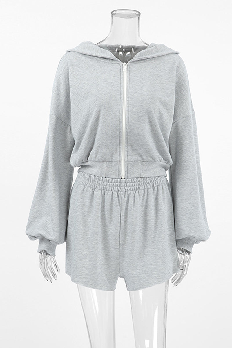 Ropa deportiva informal de color sólido con cremallera y capucha de manga larga de dos piezas